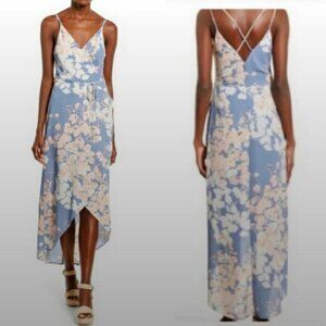 ASTR | Floral Hi Low Dress Faux Wrap Blue Slate w/ Peach & Cream | Size Small